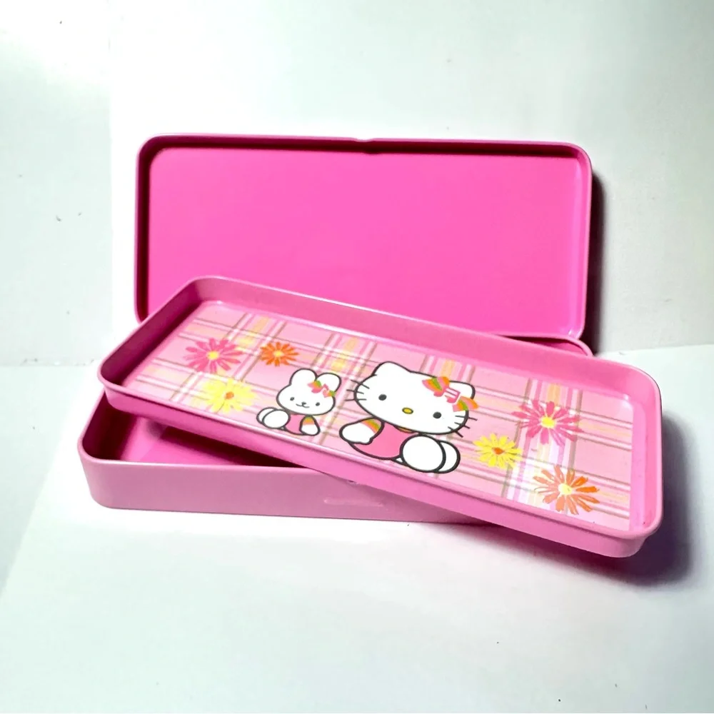 Vintage Sanrio Metal Pencil Box Plaid Daisy Pink Yellow Music Hello Kitty 2002
